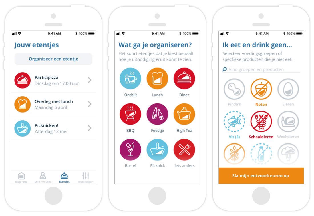 Screenshots van de applicatie Foodtag op een iPhone